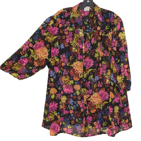 Roamans Top 3/4 Sleeve Sheer Floral Cottage Boho Romantic Button Up Black 26W - Picture 1 of 4